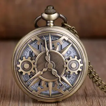 Унисекс Реколта кварцови часовници джоб с куха шестерней Висулка с арабския номер колие