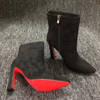 Луксозни и висококачествени модни пикантни обувки с червена подметка с кристали; женски ботильоны с остри пръсти; Вечерни модерни есенни ботильоны 10 см