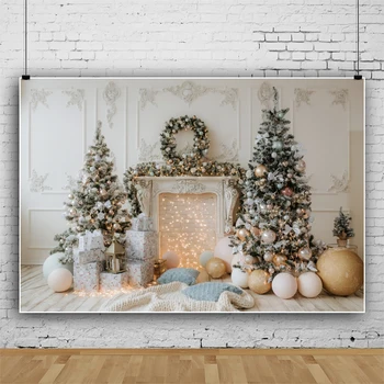 Коледно дърво Laeacco, Бяла камина, венец, фотофоны, Луксозни подаръци на стената, семеен плакат за една фотосесия, фотографски фонове
