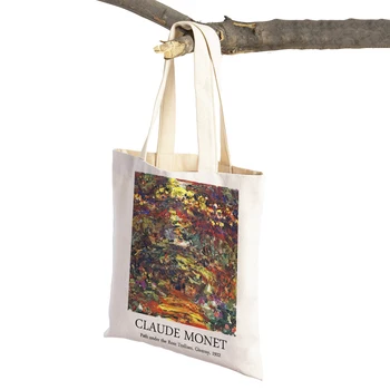 Дамски чанти за пазаруване Claude Monet Garden, ежедневни холщовые чанти с двойно принтом, реколта художествена чанта за пазаруване за момичета, дамски чанти-тоут