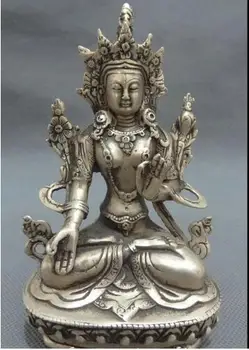 YM 304 14 см Тибетски сребърен будистки набор от Joss Protect Lotus 7 Eyes Бяла статуя на Буда Тара избор