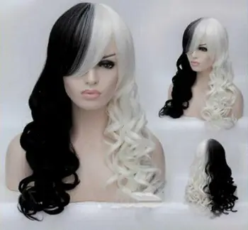 Жена перука, нов черни и бели синтетични женски дълга къдрава перуки