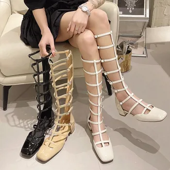 Дамски обувки; Колекция 2023 г.; Модни Пикантен Дамски обувки с изрезки; Нова качествена дамски обувки С квадратни пръсти; Обикновена Сандали с висок берцем