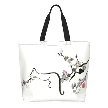 Котка в цветове на череша, пазарска чанта, дамска чанта за пазаруване с коте, холщовая чанта за пазаруване, чанти голям капацитет