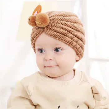 Детска вълнена вязаная капачка Есен-зима, топла детска шапка за деца 0-3 години, однотонная шапка с хубав заек, детска шапчица-бини