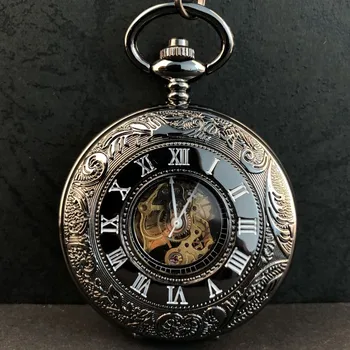 Старинни джобни часовници с римски цифри, Реколта Механични мъжки джобен часовник-ключодържател в стил steampunk с ръчно от Half Hunter