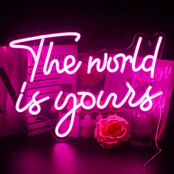 Неонова реклама с The World Is Yours Розова led неонова лампа се захранва от USB за сватба, годеж, Свети Валентин, стенен декор, led неонова реклама