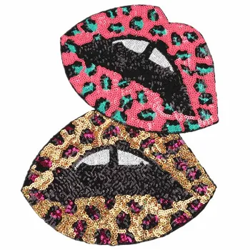 Бродерия, голяма нашивка за устата с пайети, бродирани апликации с леопардовыми устни, череша икони, с преливащи се цветове ленти за дрехи WF2211103
