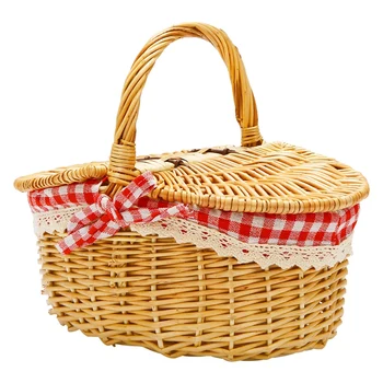 Ракита кошница за пикник в стил кънтри с капак, дръжка и втулки за пикник, партита, сватби и барбекю