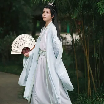 Голям размер 3XL Hanfu Men традиционен Китайски cosplay костюм за Хелоуин, Защото Костюм на Древния Hanfu, синьо-бяла риза + панталон, комплекти