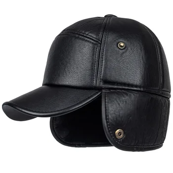 Нова зимна бейзболна шапка за средна и напреднала възраст, Мъжки Черна кожена шапка за защита на уши, Кожа топла кожена бейзболна шапка