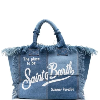 Чанта-тоут Популярна Европейско-американската плажна чанта ръчна изработка с пискюли и модни дънкови чанта голям капацитет, с принтом