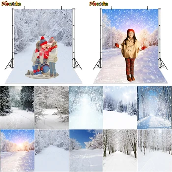 Mocsicka Winter Snow Photography Background Блестящ фон за фото студио Бяла снежна дърво Фон за фотосесия Подпори