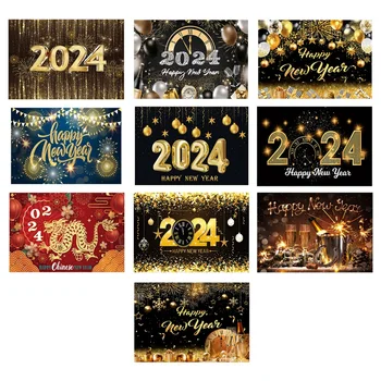 2024 Нова година 210x150 см Фонови снимки Шампанско Златен Блясък Декорация на партита Фонови снимки Плат