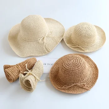 Лятна нова сламена шапка за родители и деца, всеки ден обикновена сгъваема празнични шапки с голяма периферия за по-малките момчета, плажна рибарска шапка