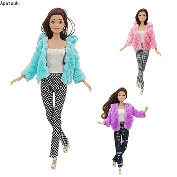 Многоцветное палто от изкуствена кожа, яке, комплект дрехи за кукли Барби, топ, панталони, Сандали, аксесоари за кукли 1/6