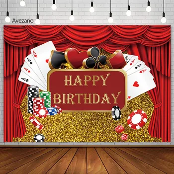 Фон за снимки Avezano Happy Birthday Залагат Червена Завеса Покер Златен Фон за парти Банер фотографско студио Фотозона