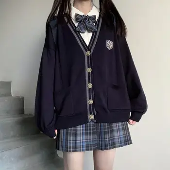 Вязаный жилетка в стил колеж, Японската униформи JK, син пуловер с дълъг ръкав, бродерия, Корейската свободна училищна униформа за момичета