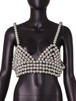 Модерен луксозен жилетка от мъниста, голяма перлена верижка за тяло, най-сутиен ръчно изработени с перли, метални плетени на веригата за тяло от мъниста за жени