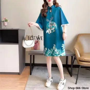 Годишният свободен Чонсам в етнически китайски стил, женска тениска с винтажным принтом, лейси поставяне, рокля с къс ръкав в младежки стил Qipao 