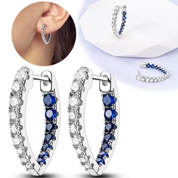 Дамски обици-халки сребрист цвят Синьо-бели Обеци с камъни за жени, обеци, бижута, подаръци