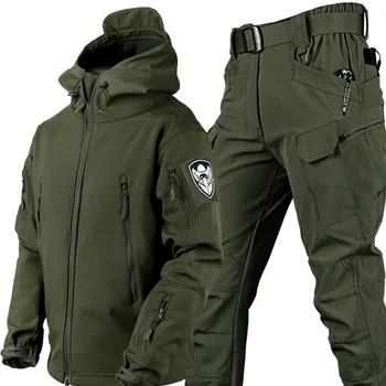 5XL Нова мека обвивка, в есенно-зимната плюшен удебелена яке и панталони за катерене, тактически тренировки, Водоустойчив дрехи за риболов