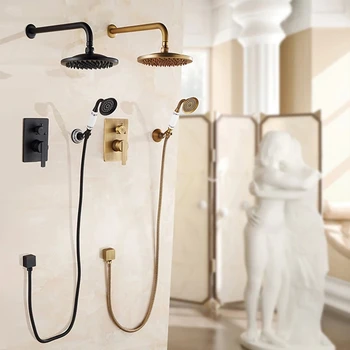 Душ кабина, комплект за баня, Матиран смесител за душ с дъждовна тупалка, Стенен смесител за душ, 8-инчов накрайник за душ, комплект ключове за топла и студена вода
