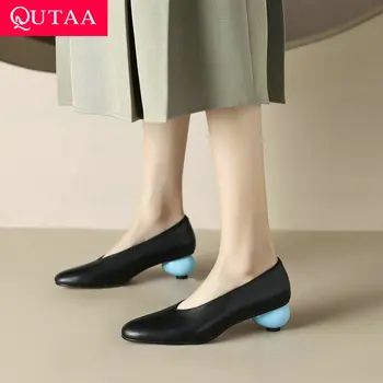 QUTAA 2023/ дамски обувки-лодка в гъст средно ток, офис вечерна рокля от естествена кожа, базова дамски обувки, сезон пролет-лято, размер диапазон 34-40