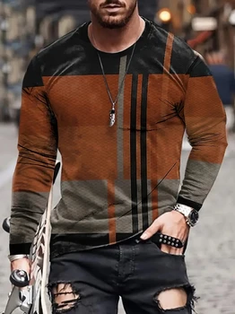 Мъжки реколта тениска с 3D-принтом в ретро стил и цветни блокчета, стилните тениски за есенния мъжки дрехи