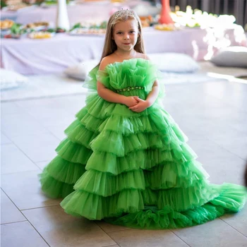 Зелени тюлевые рокли за момичета в цветенце за сватбена фотография Празнично принцеса рокля С пайети Празнична рокля за Първо причастие Crystal