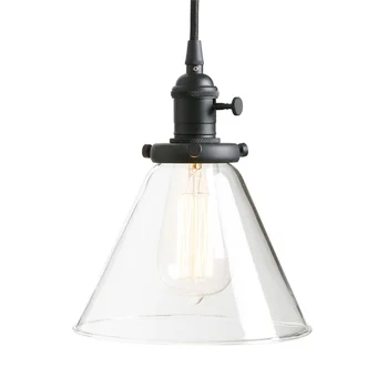 Модерен Ретро Окачен Лампа с Воронкообразным Расклешенным Стъкло с Прозрачни Стъклени Абажуром 1-Light Тавана Лампа (Черен)