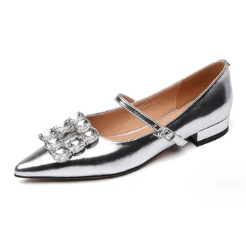 Нови Корейски модни дамски обувки с остри пръсти, с фин нож, обувки Мери Джейн е на нисък ток с кристали с квадратна катарама