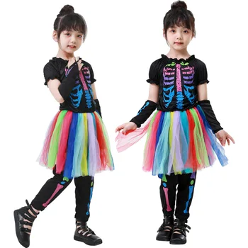 Детски костюм на костите за момичета на вси, цветна рокля-пакетче с виртуален скелет, Cosplay