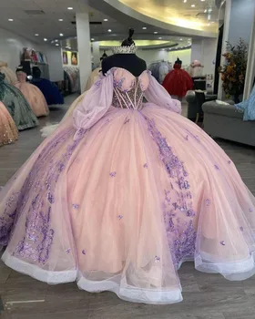 Лилаво-Розово Пищни Принцеса Рокля с Дълъг Ръкав и Блестяща Аппликацией на Корсет Bustle Sweet 16 vestidos para festa de 15 anos