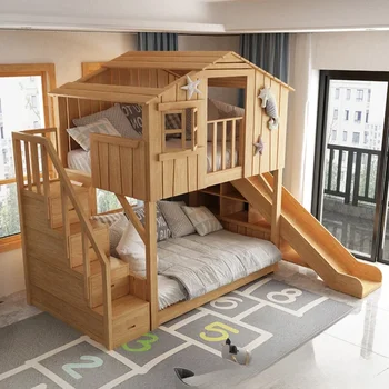 бебешко легло-къщичка на дървото, от масивно дърво, двупластова висока и ниска двуетажно легло с пързалка, тайно основата на тавана, легло за принцеса за майката и детето.