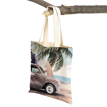 Плажна чанта с двоен принтом Кокосова Палма Автомобил Лодка Чайка Чанта за пазаруване за многократна употреба използване на Женската чанта-тоут Ежедневни холщовые Дамски чанти за пазаруване
