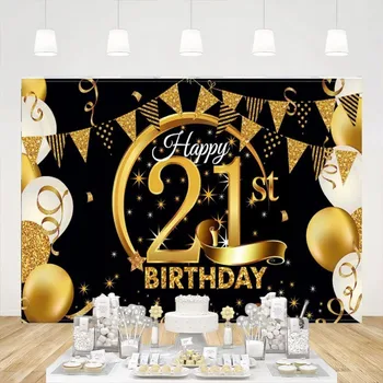 Фон за партито с 21-ия рожден Ден на Черно Златен плакат, на фона на снимки, Банери, аксесоари, Реквизит за фото студио