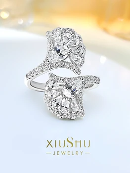 Модерно и луксозно, нишевое веерообразное пръстен от сребро 925 проба с высокоуглеродистым диамантен пръстен, персонални универсален темперамент