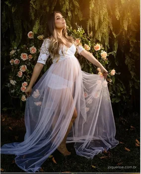 Дантелено рокля за бременни с открити рамене за фотография Елегантна приталенное рокля с V образно деколте и цепка отпред Макси Рокля за бременни, за фотосесия
