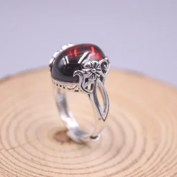 Оригинален сребърен пръстен проба 925 от Women Garnet Red Кръгло щастливо пръстен 6-9 щатски долара подарък Регулируема
