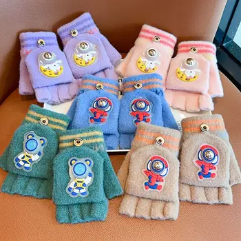 Crochet плетени ръкавици Астронавт, сгъстено сгъваеми ръкавици на полпальца, зимни топли ветроупорен детски ръкавици за деца от 4-10 години