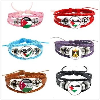 Модели на знамето и емблемата на нацията Палестина, черни, сини, розови, червени, пурпурни, кафяви Кожени гривни ръчна изработка, многослойни тъкани гривна
