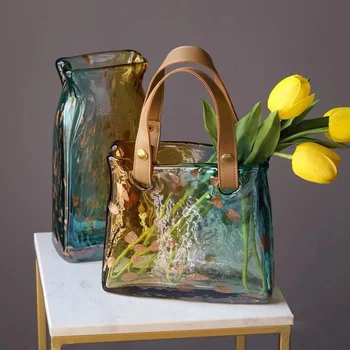 Луксозна стъклена ваза-чанта в скандинавски стил, Творчески кошница за пазаруване, Ваза за цветя, Вази за сухи цветя, украса за дома.