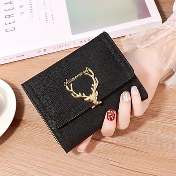 Нов модерен женски кратък портфейл-клатч, чантата е с голям капацитет, джоб за монети за момичета, женски сгъваем портфейл от изкуствена кожа с приятен малък елен