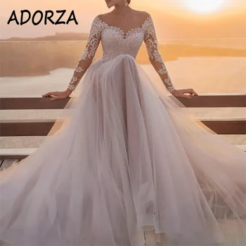 Сватбена рокля ADORZA, илюзия, дълги ръкави, дантелени апликации, сватбена рокля с открити рамене, струята Vestido De Noiva за булката