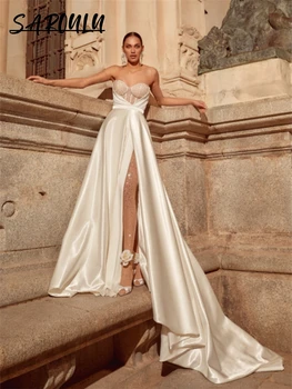 Модерни сатен сватбени рокли на Русалка за жени с подвижни ръкави-жакетами, 3 предмет, Ново дизайнерско сватбена рокля за младоженци