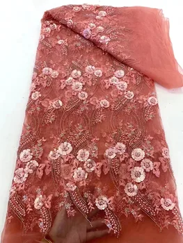 3D Дантелени цветя Последните Африкански дантела 2024 стилове Френски вечерни дантелени тъкани на 5 Ярда от Тюл Нигерийски перли Дантела и плат за младоженци