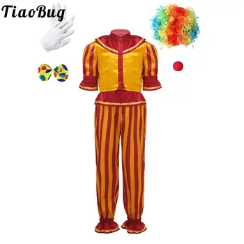 Детски cosplay на Хелоуин, Цирк костюм на Клоун, Карнавальная парти, върхове с къдри по ръкавите, панталони, Перука, ръкавици за носа.