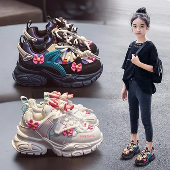 Маратонки за момичета 2023, пролет-есен нова леки меки детски ежедневни обувки, детски обувки на дебела подметка среден и голям размер