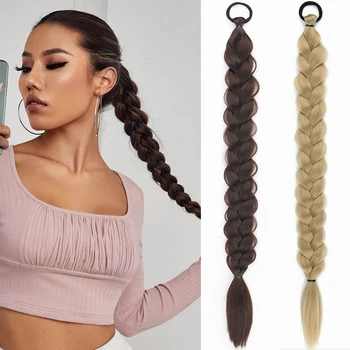 Удължаване на коса във формата на плетеного опашка с ластик Боксови шиш За жени Аксесоари За коса 24-инчов черна синтетична дълга коса